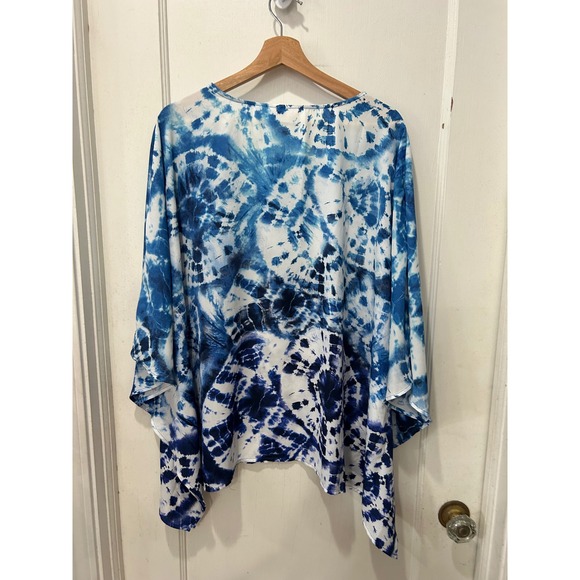 Belle by Kim Gravel Blue Tie Dye Kaftan Poncho Top XL V-Neck Kimono Sleeve XL - Picture 6 of 6